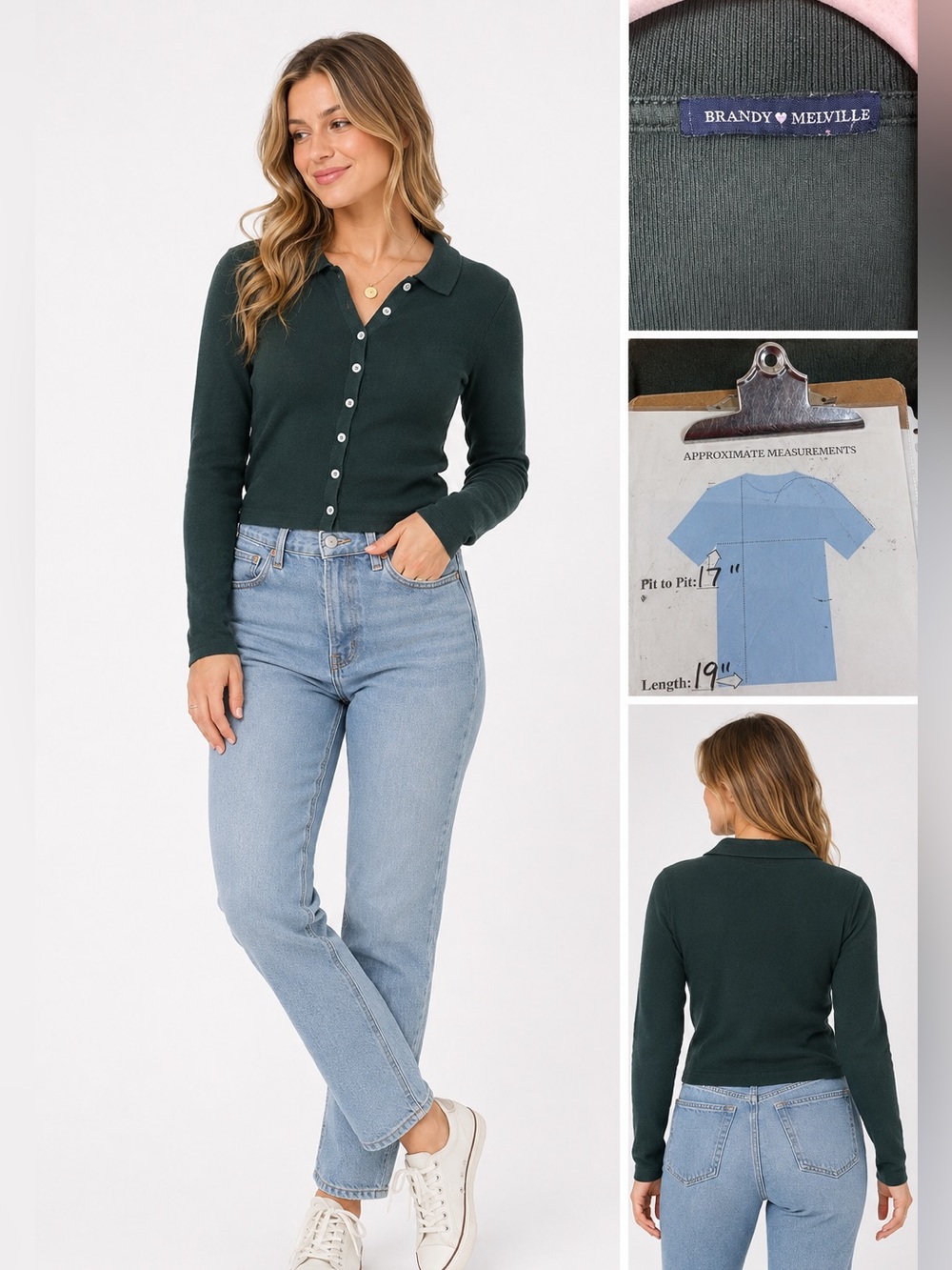 Brandy Melville Forest Green Ribbed Button Front Collared Cardigan Academia OS